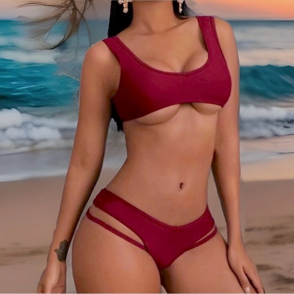 Sexy Maroon Bikini Scoop Kneck Chest Pads Wireless W/ Lining 2Pc Limited Edition - Picture 2 of 6